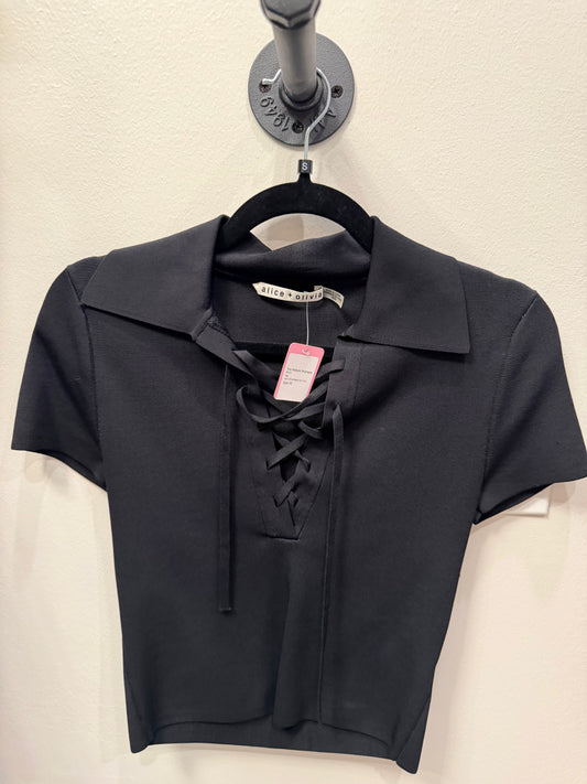 Alice + Olivia Black Tie Front Short Sleeve Top, Size XS