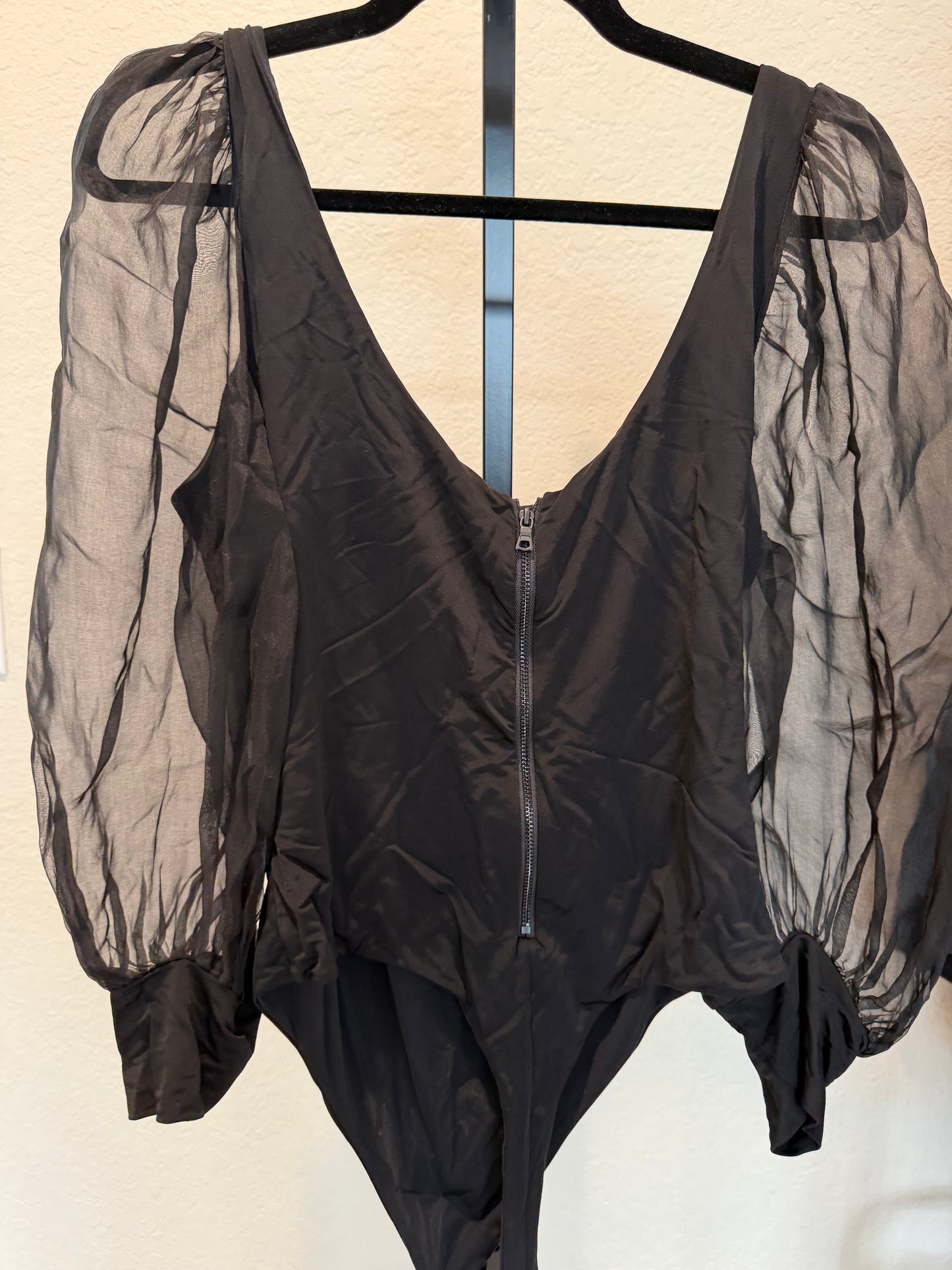 Alice + Olivia Black Bodysuit with Sheer Sleeves, Size Large