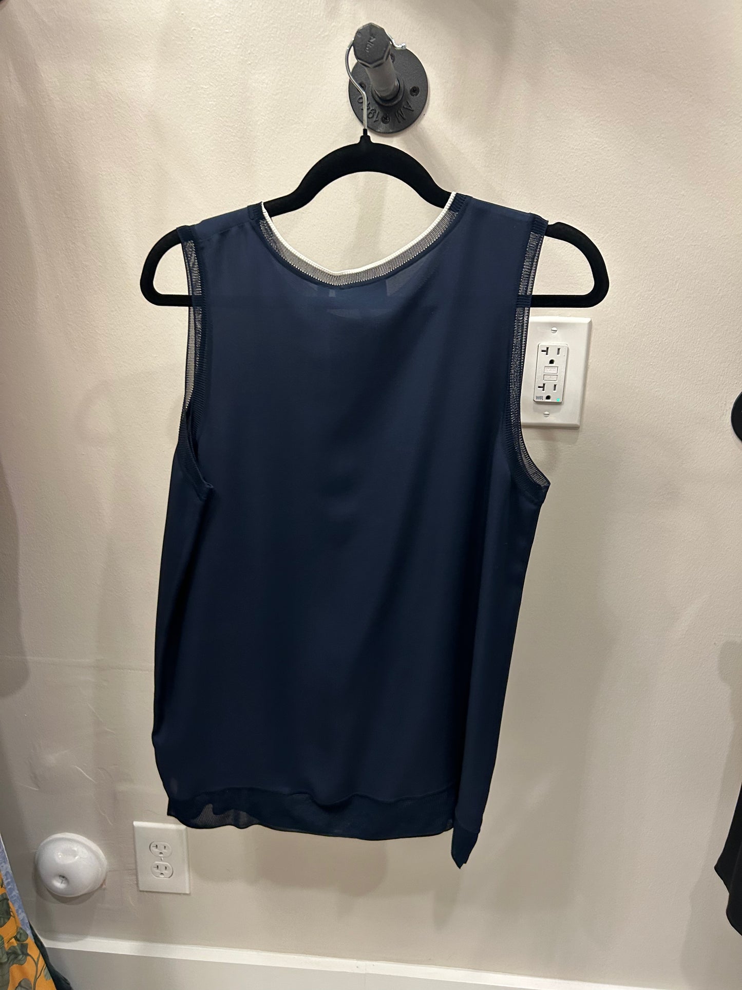Theory Navy Silk Combo Sleeveless Blouse, L