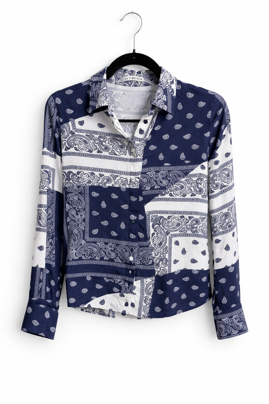 Alice + Olivia Silk Bandana Patchwork Shirt, Blue/White, XS