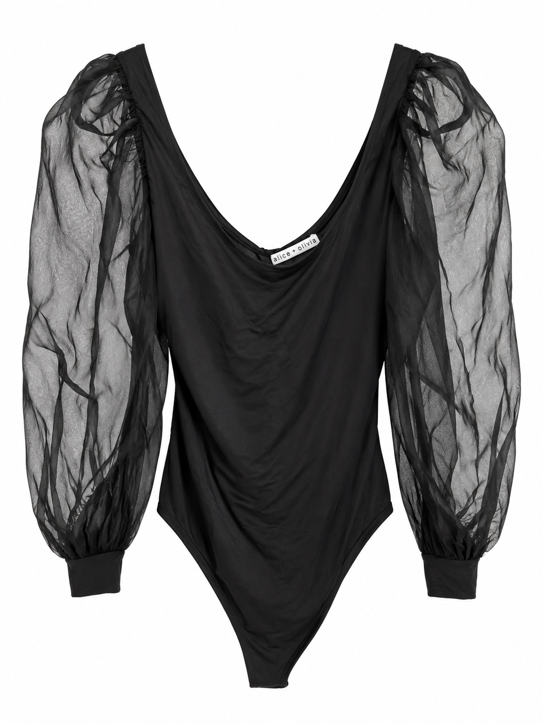 Alice + Olivia Black Bodysuit with Sheer Sleeves, Size Large