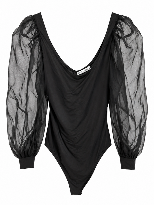Alice + Olivia Black Bodysuit with Sheer Sleeves, Size Large