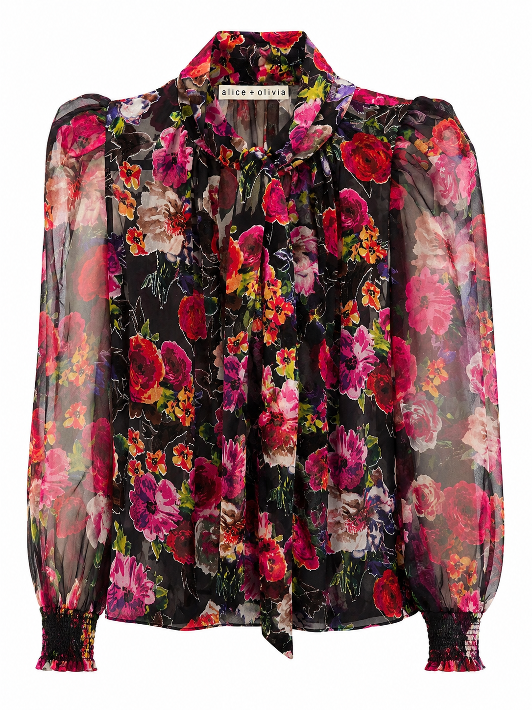 Alice + Olivia Dark Floral Long Sleeve Blouse, Size S
