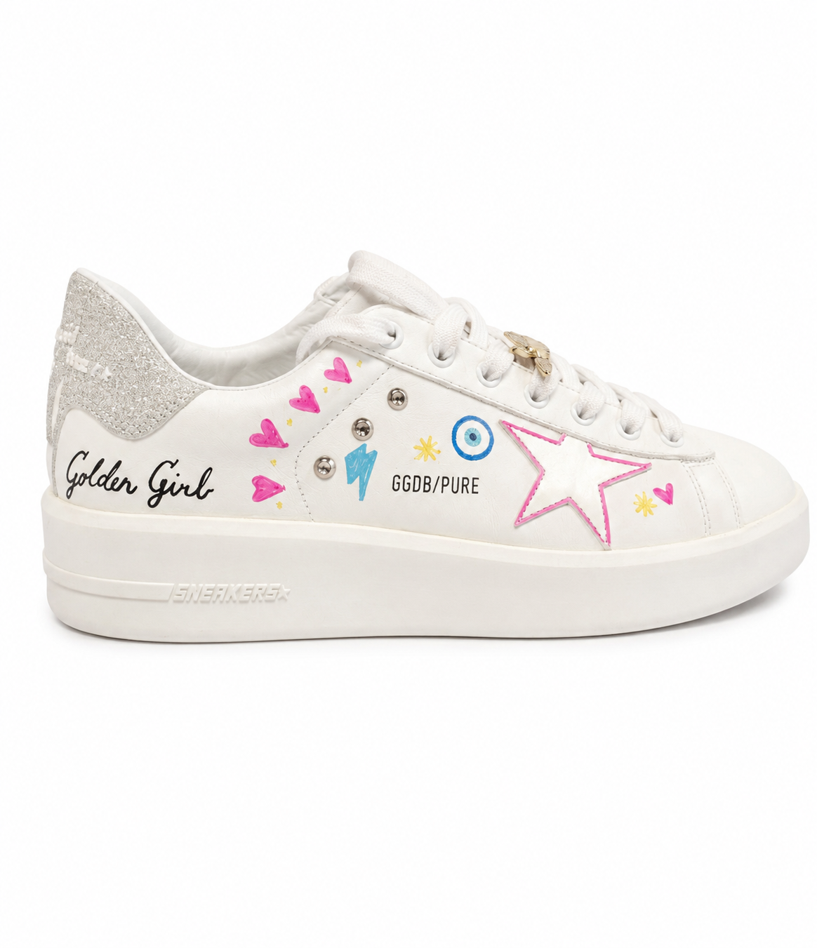 Golden Goose Super-Star Style with Custom Doodle and Glitter Heel Tab, Size 40