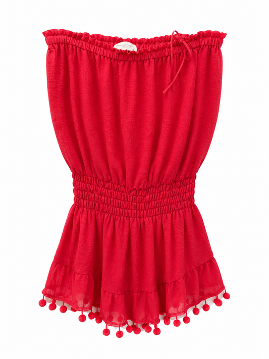 Ramy Brook Pink/Red Strapless Dress with PomPoms, Size S