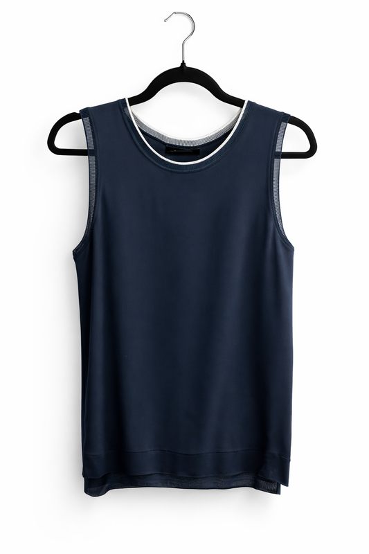 Theory Navy Silk Combo Sleeveless Blouse, L