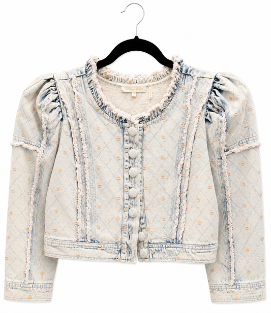 LoveShackFancy Denim Cropped Polka Dot Jacket, Size XS