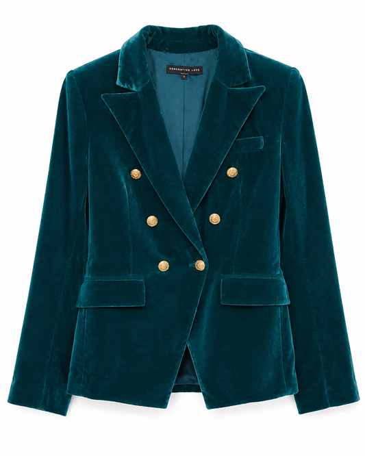 Generation Love Teal Double-Breasted Velvet Jacket with Gold Buttons, Size Small
