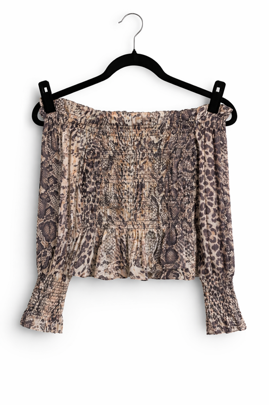 AllSaints Lara Noche Off the Shoulder Smocked Snakeskin Top - Size 4