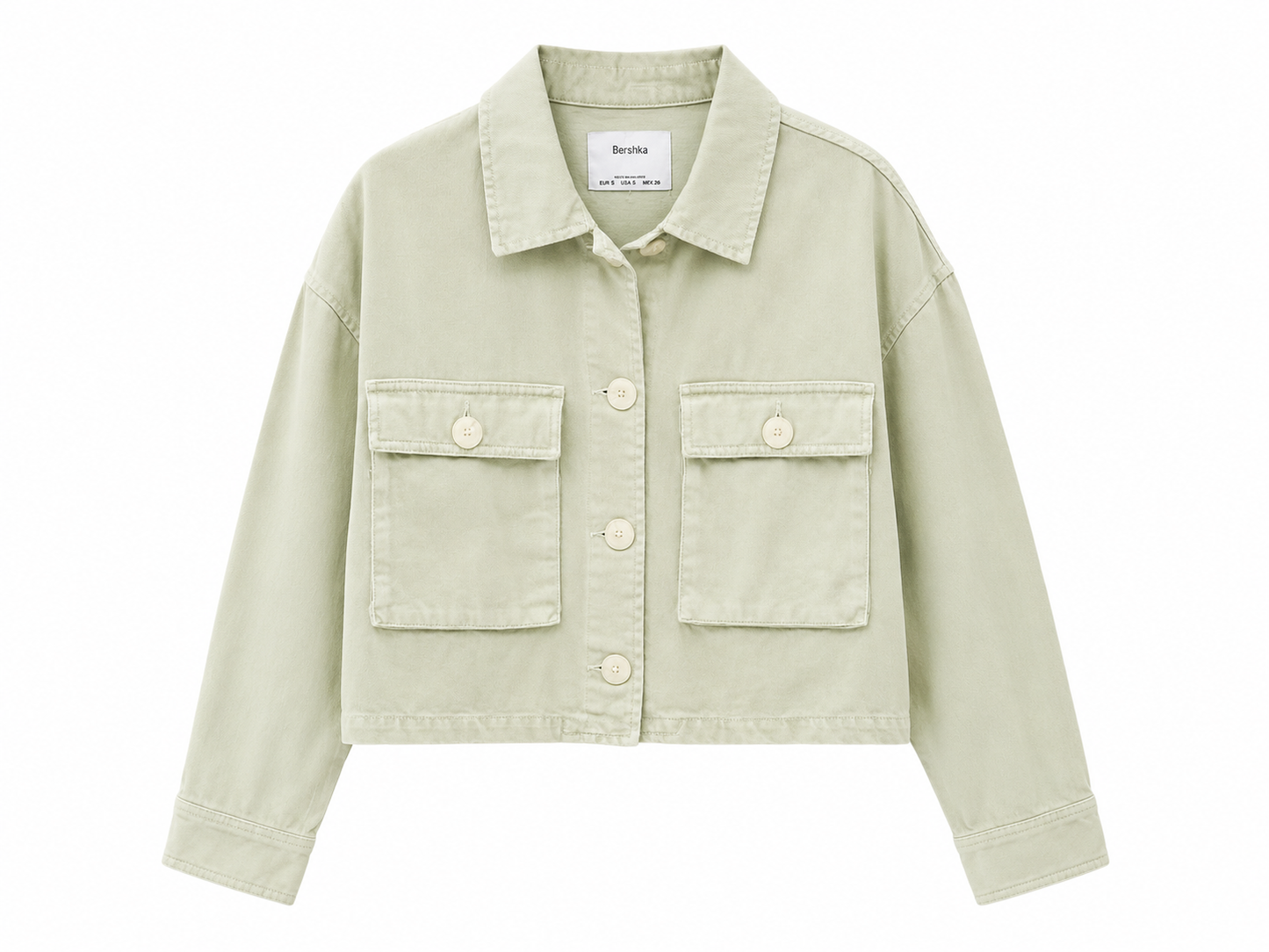 Bershka Women's Light Green Cotton Chore Utility Button Up Jacket, Size S