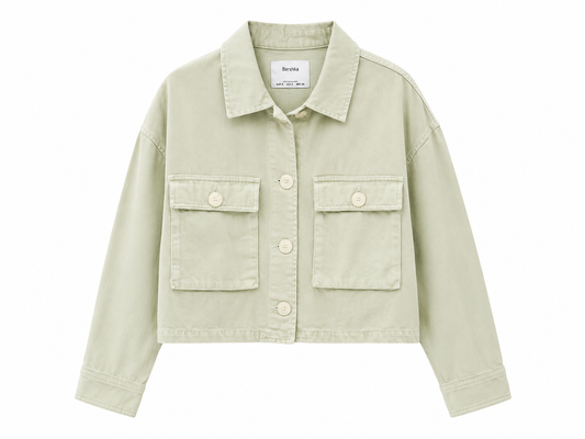 Bershka Women's Light Green Cotton Chore Utility Button Up Jacket, Size S