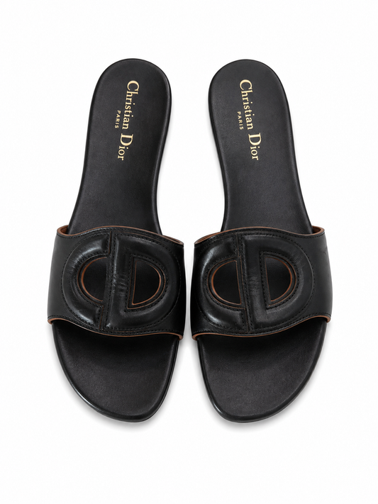 Christian Dior Cutout Leather Black Sandal Slides, Size 40