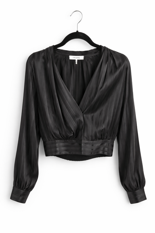 Frame Black Silk/Satin Wrap Style Blouse, M