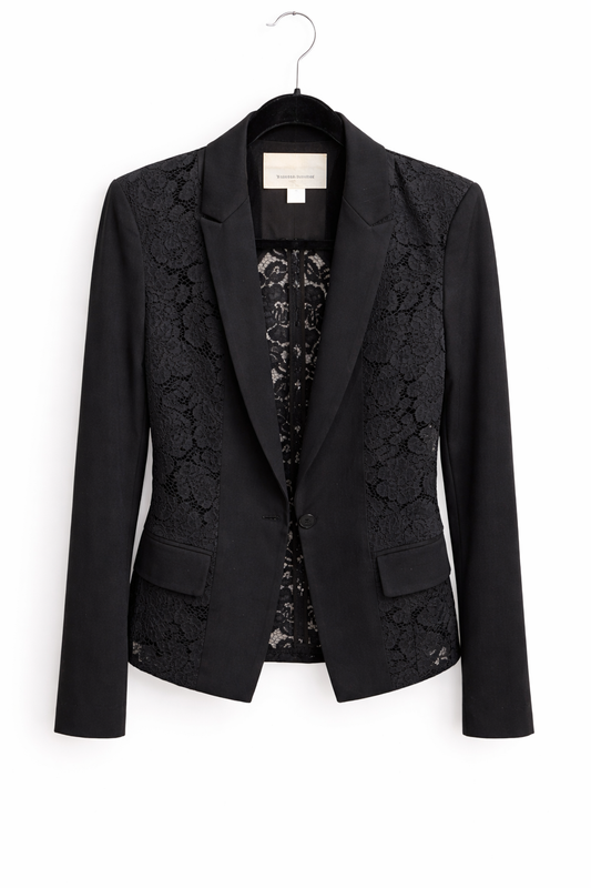 Rebecca Taylor Corded Lace Panel Blazer Jacket, Black, Size 6