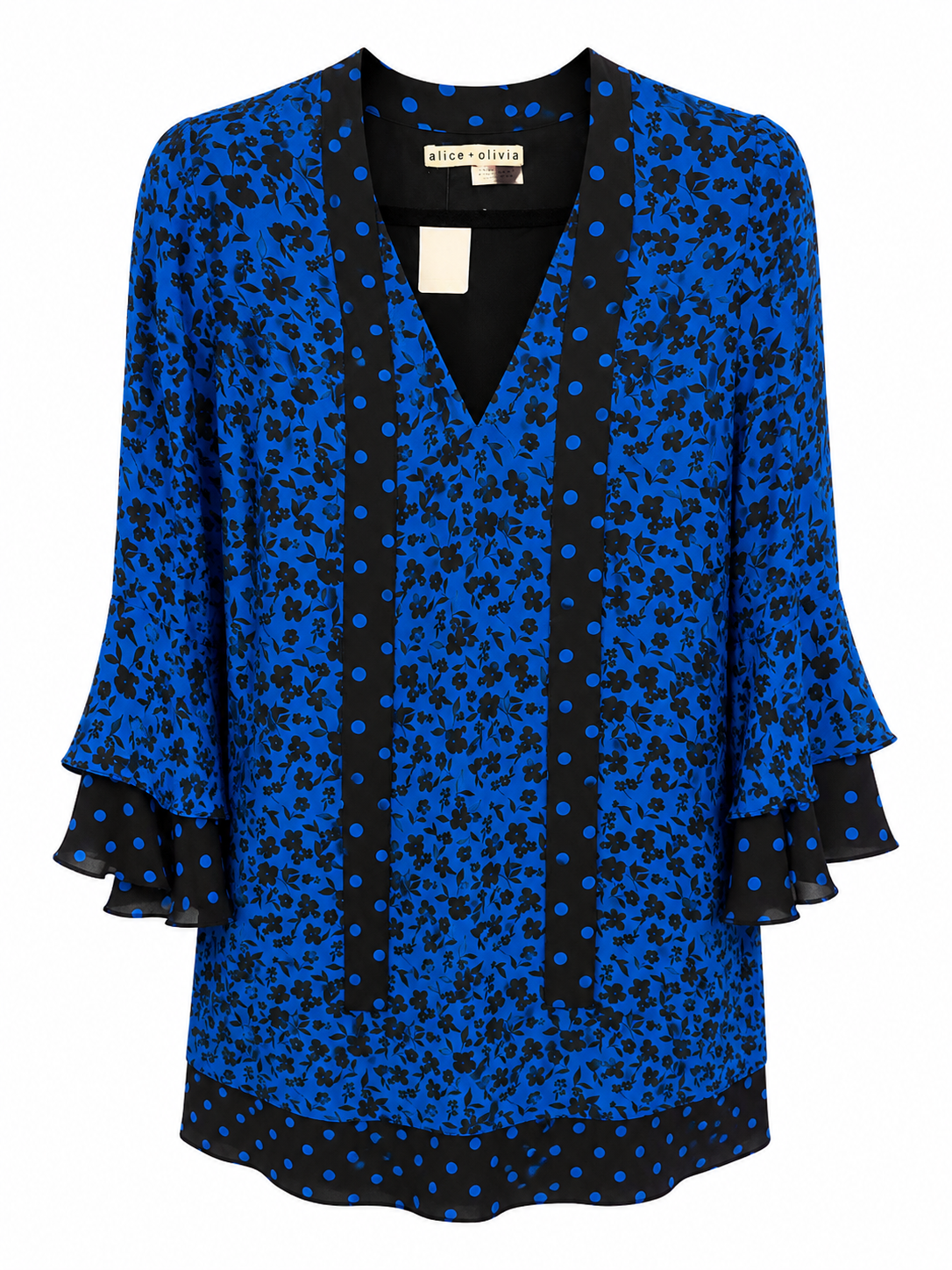 Alice + Olivia Black and Blue Floral and Polka Dot Dress, Size S