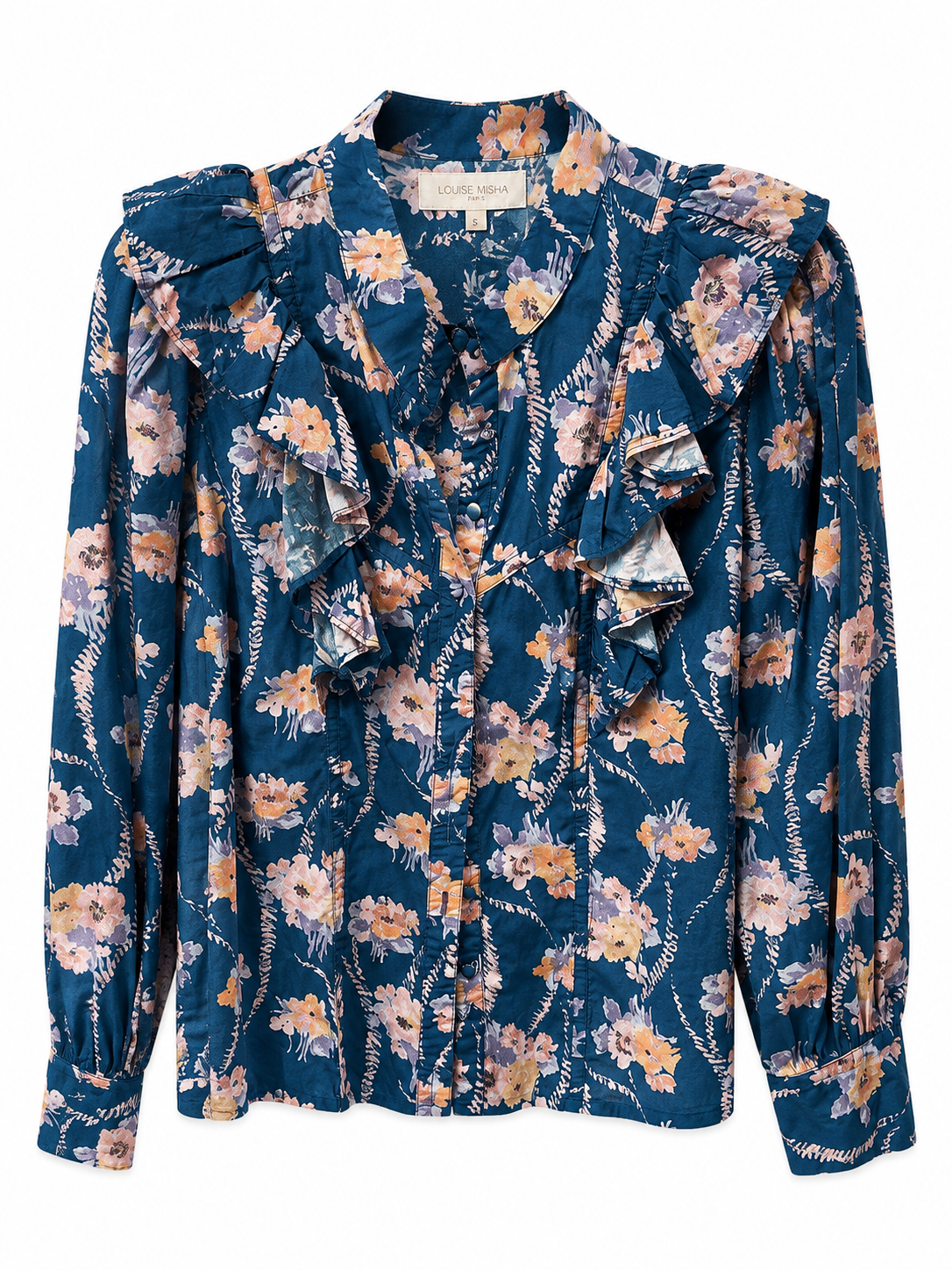 LoveShackFancy Floral Button Up Blouse With Ruffles, Size XS