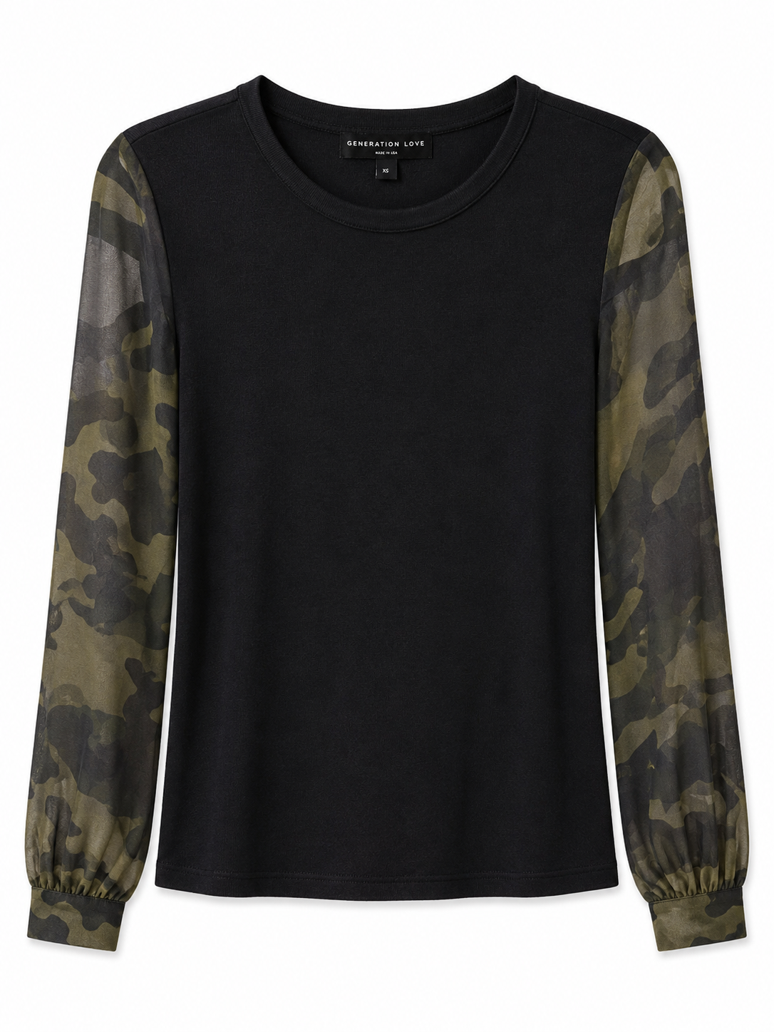 Generation Love Black With Army Sleeves Top, Size XS