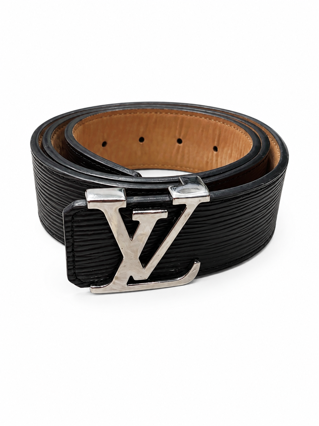 Louis Vuitton Belt Monogram, Epi Leather Black with Silver Buckle, Size 80