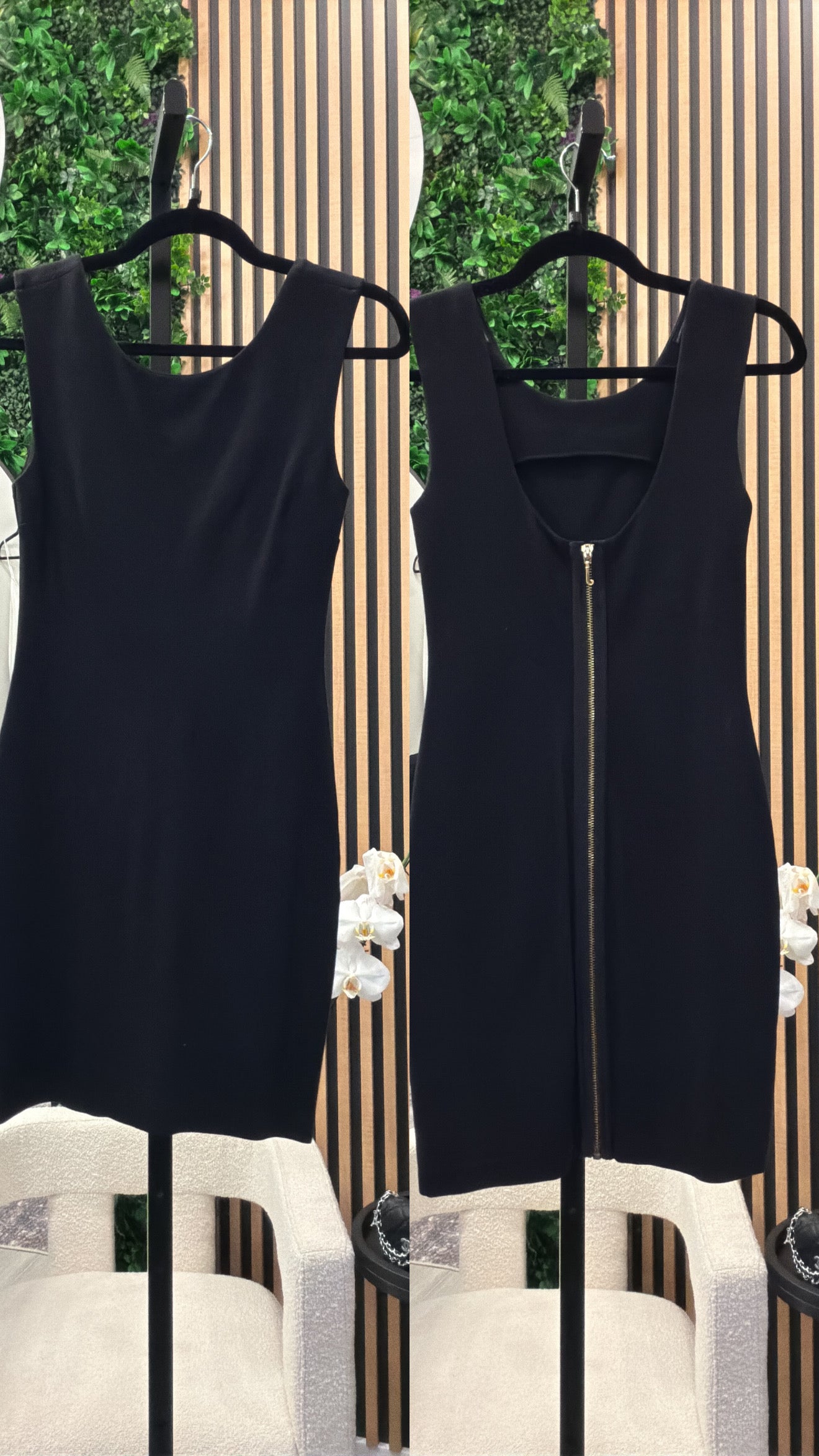 Juicy Couture Black Sleeveless Dress, Low Back Gold Zipper Detail, Size XS