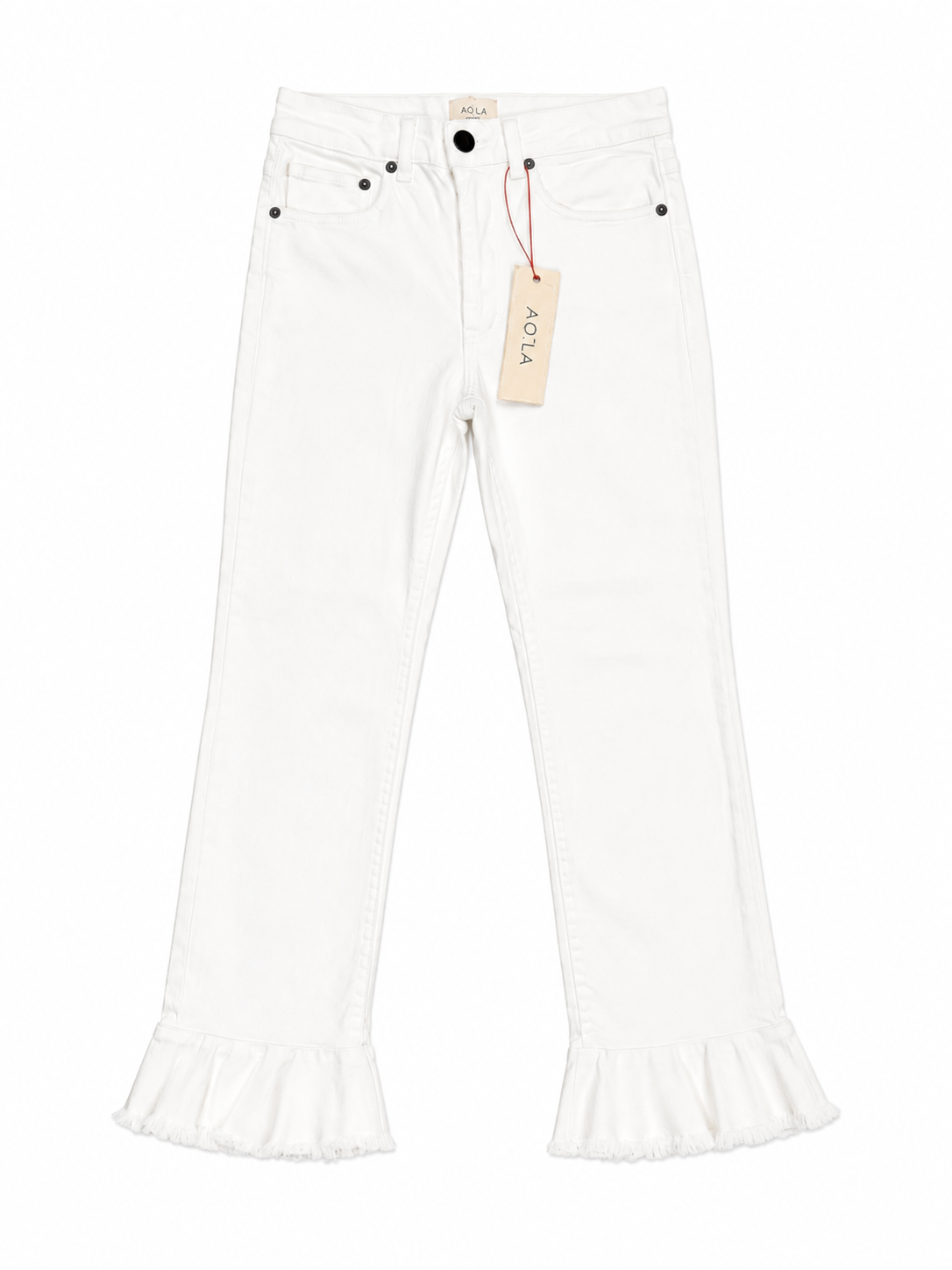 Alice + Olivia Ruffle Hem Zoe High Rise White Denim Jeans, NWT, Size 24