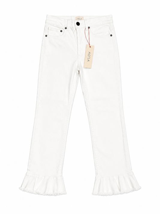 Alice + Olivia Ruffle Hem Zoe High Rise White Denim Jeans, NWT, Size 24