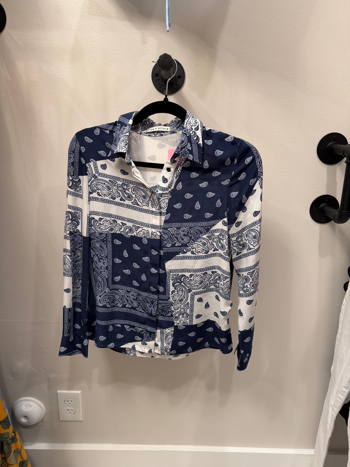 Alice + Olivia Silk Bandana Patchwork Shirt, Blue/White, XS