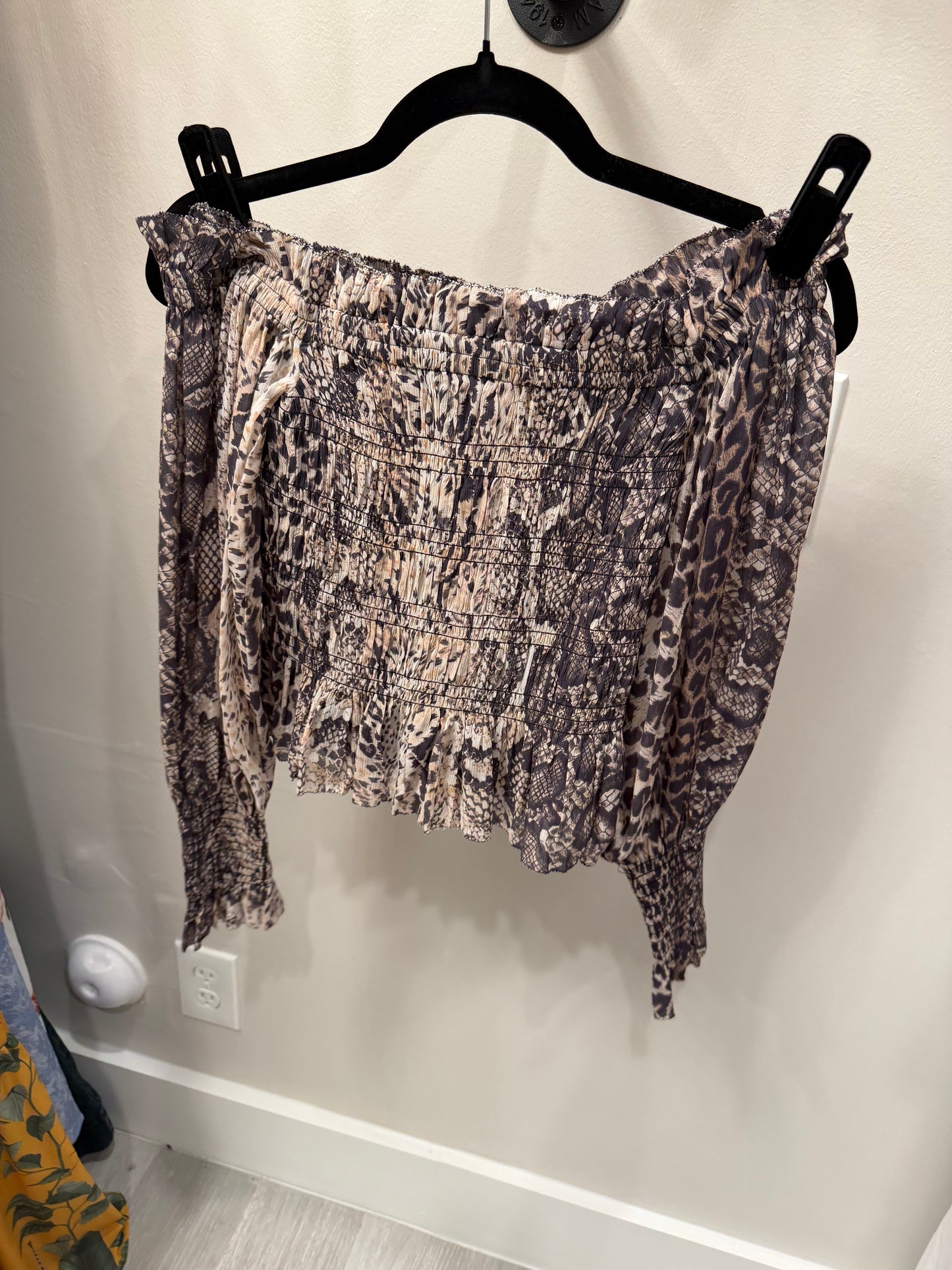 AllSaints Lara Noche Off the Shoulder Smocked Snakeskin Top - Size 4