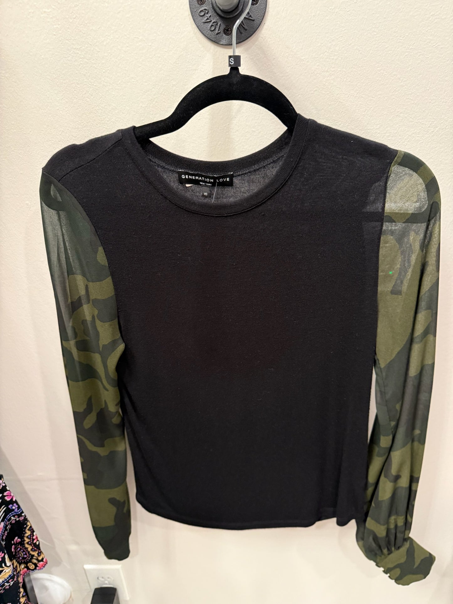 Generation Love Black With Army Sleeves Top, Size XS