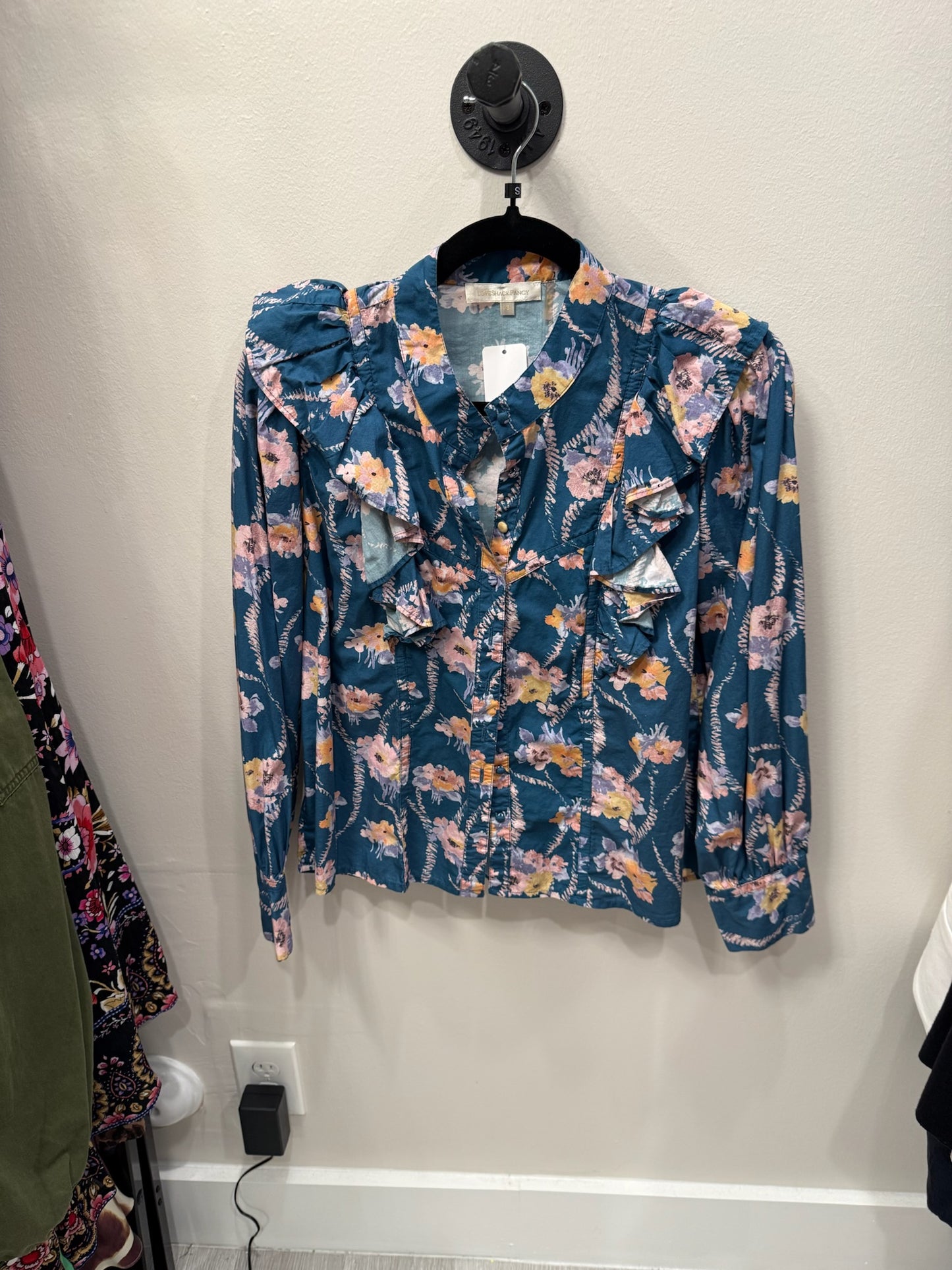 LoveShackFancy Floral Button Up Blouse With Ruffles, Size XS