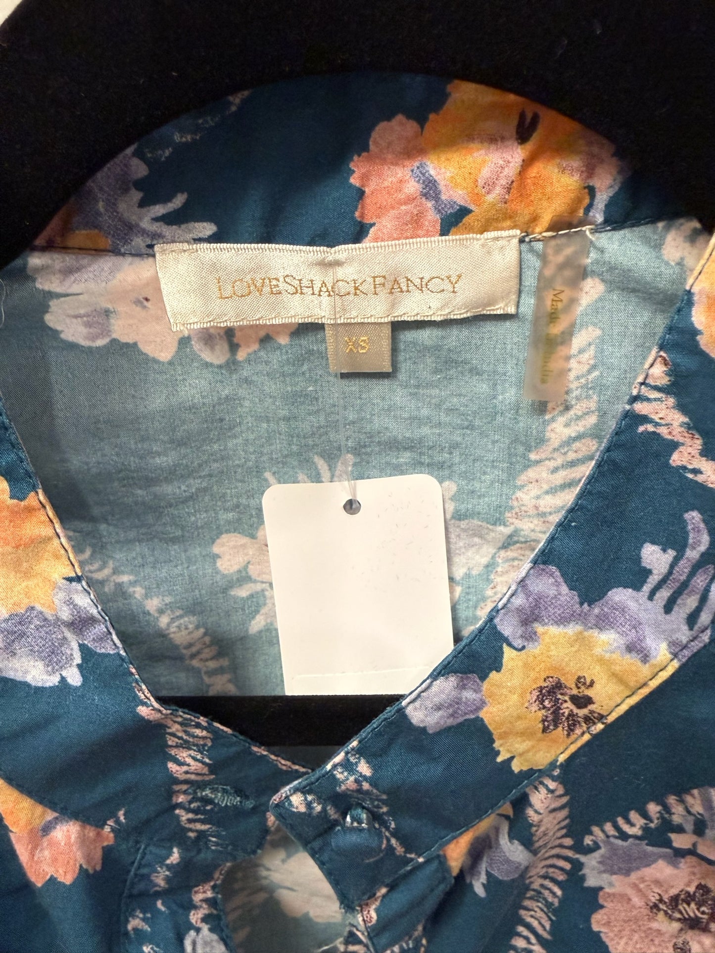 LoveShackFancy Floral Button Up Blouse With Ruffles, Size XS