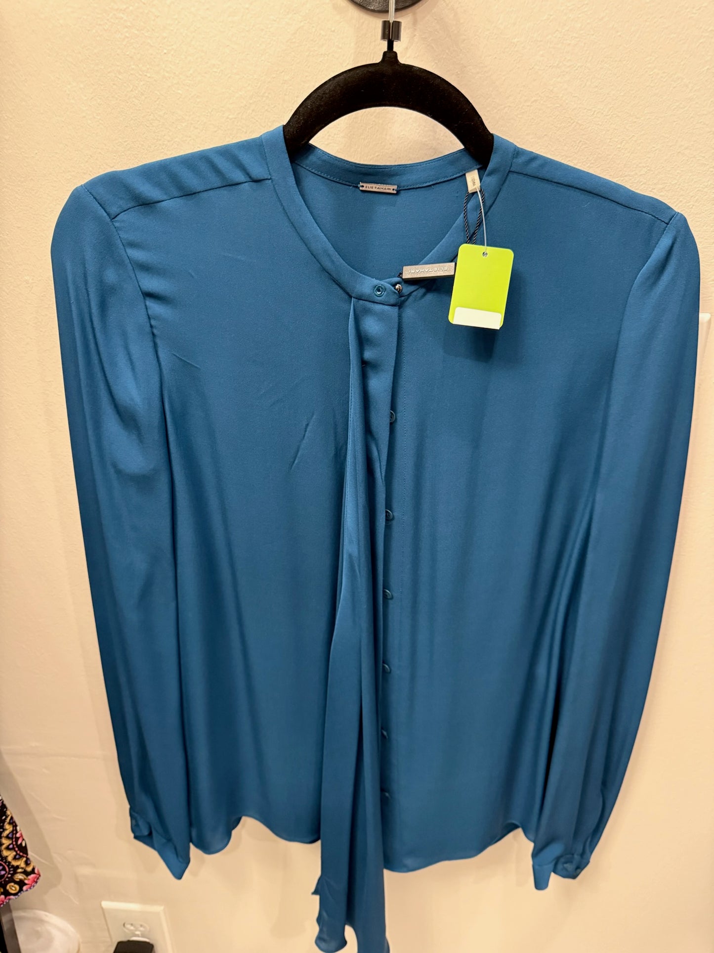Elie Tahari Teal Blue Silk Long Sleeve Blouse, NWT, Size XS