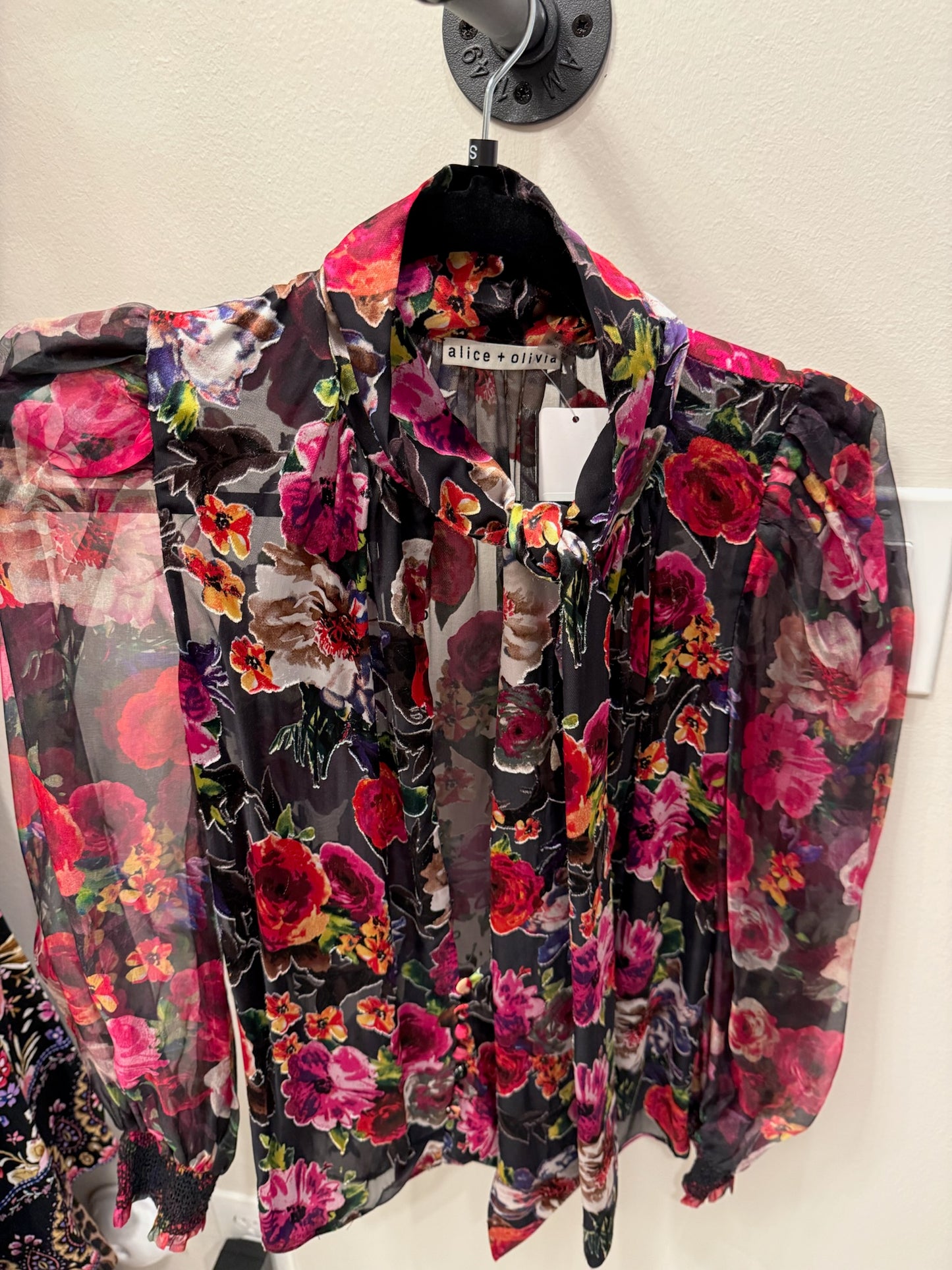 Alice + Olivia Dark Floral Long Sleeve Blouse, Size S