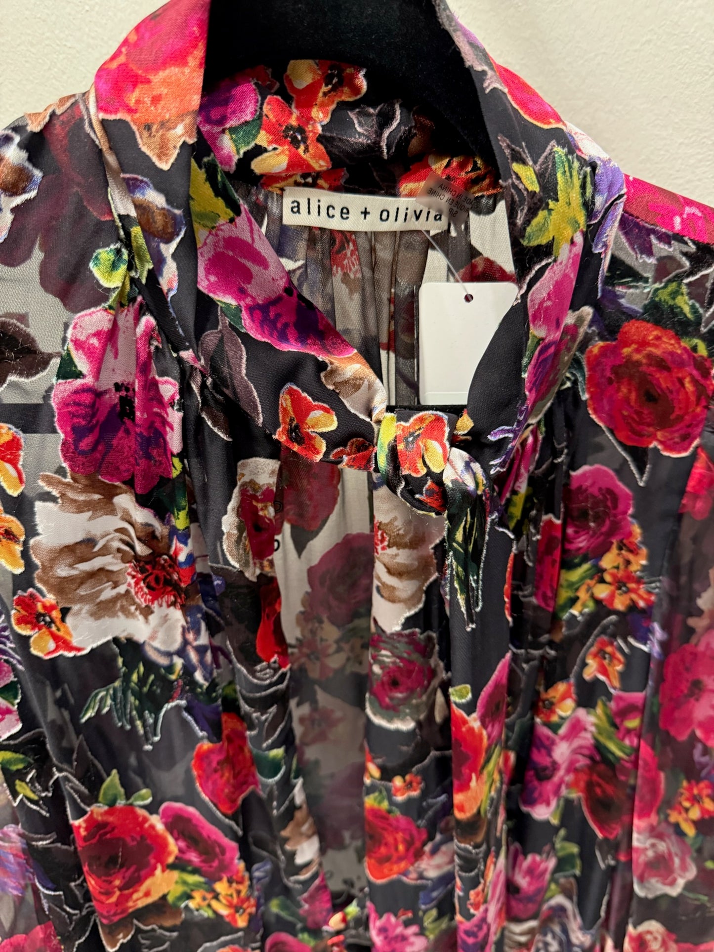 Alice + Olivia Dark Floral Long Sleeve Blouse, Size S