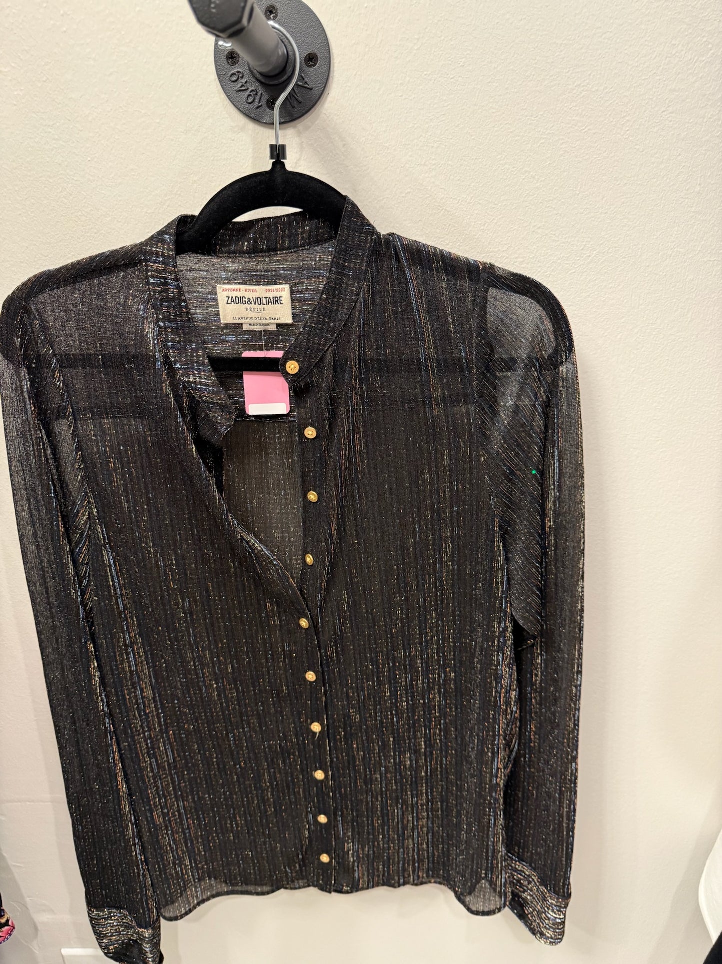 Zadig and Voltaire Metallic Knit Button Up Top, Size M