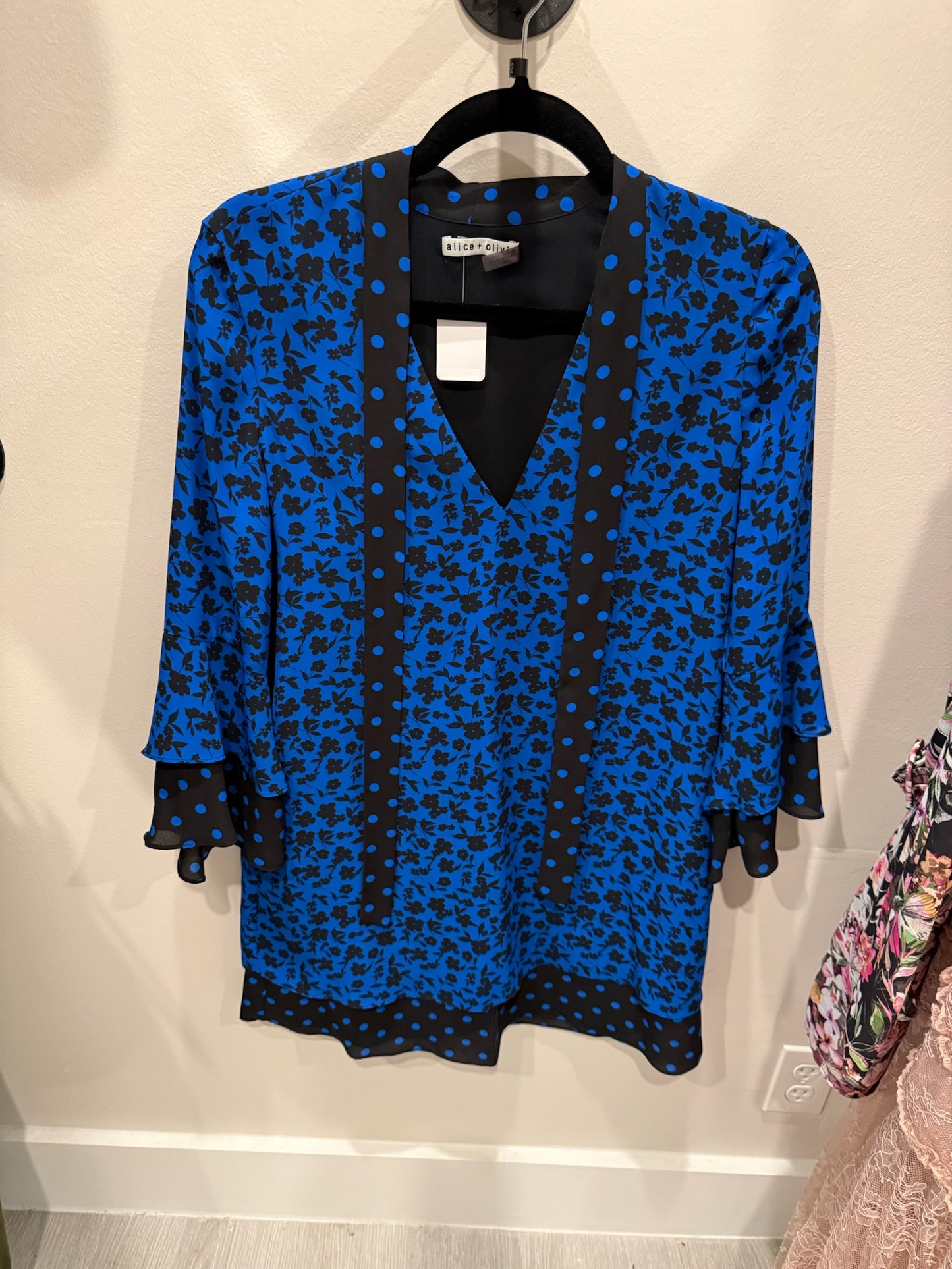 Alice + Olivia Black and Blue Floral and Polka Dot Dress, Size S