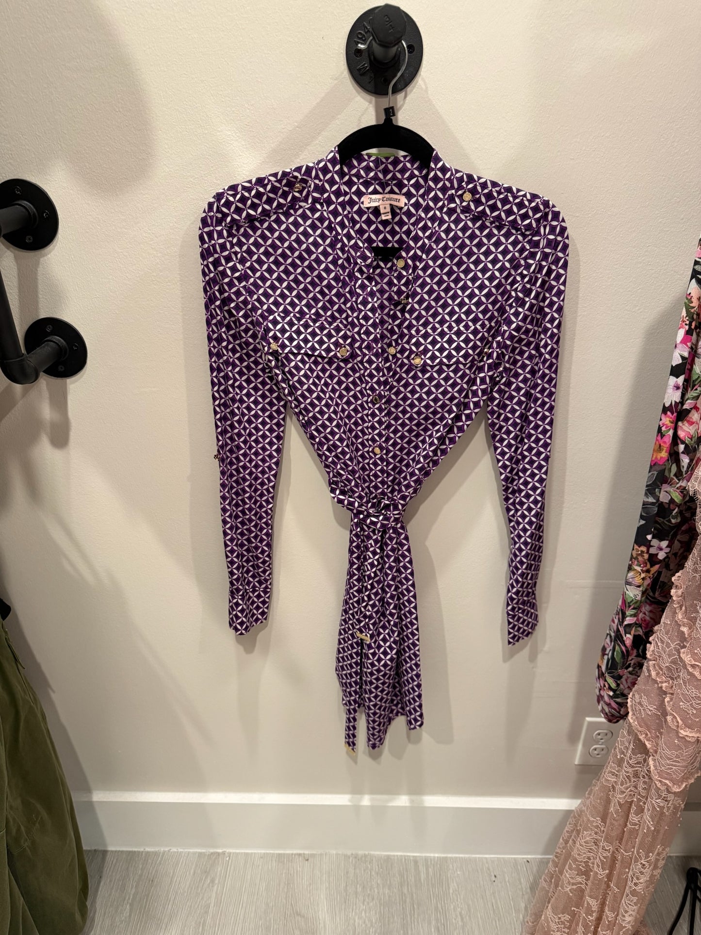 Juicy Couture Long Sleeve Purple Geometric Dress With Belt, Size 0