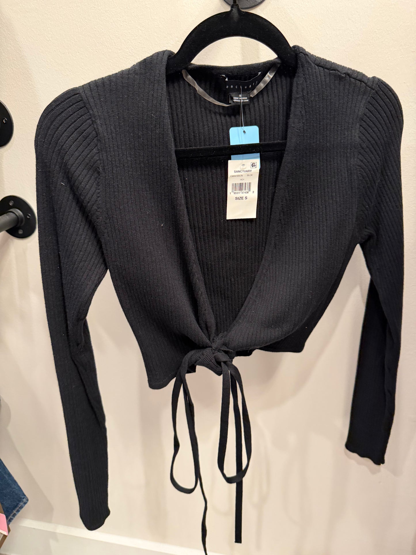 Sanctuary Black Ribbed Sweater with Tie, NWT, Size S