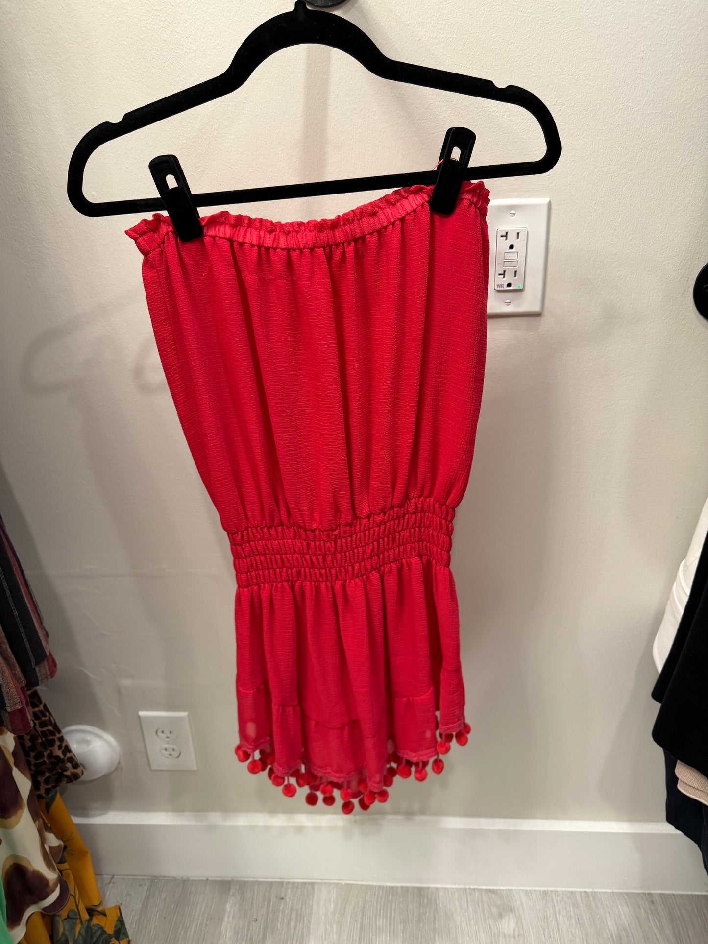 Ramy Brook Pink/Red Strapless Dress with PomPoms, Size S