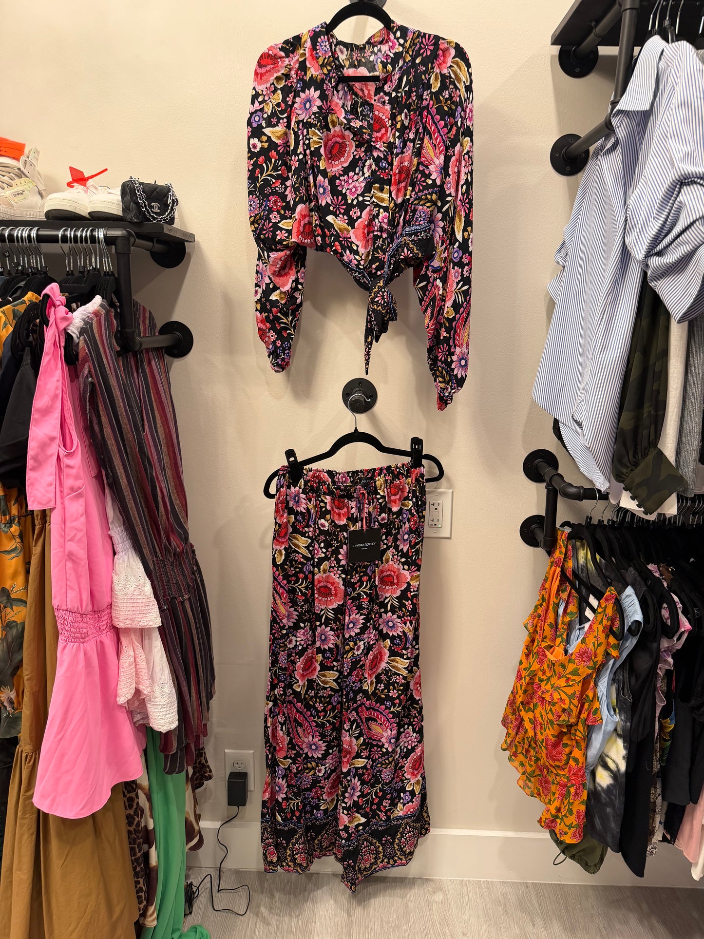 Cynthia Rowley Floral Tie Front Top with Wide Leg Pants Set, NWT, Size M