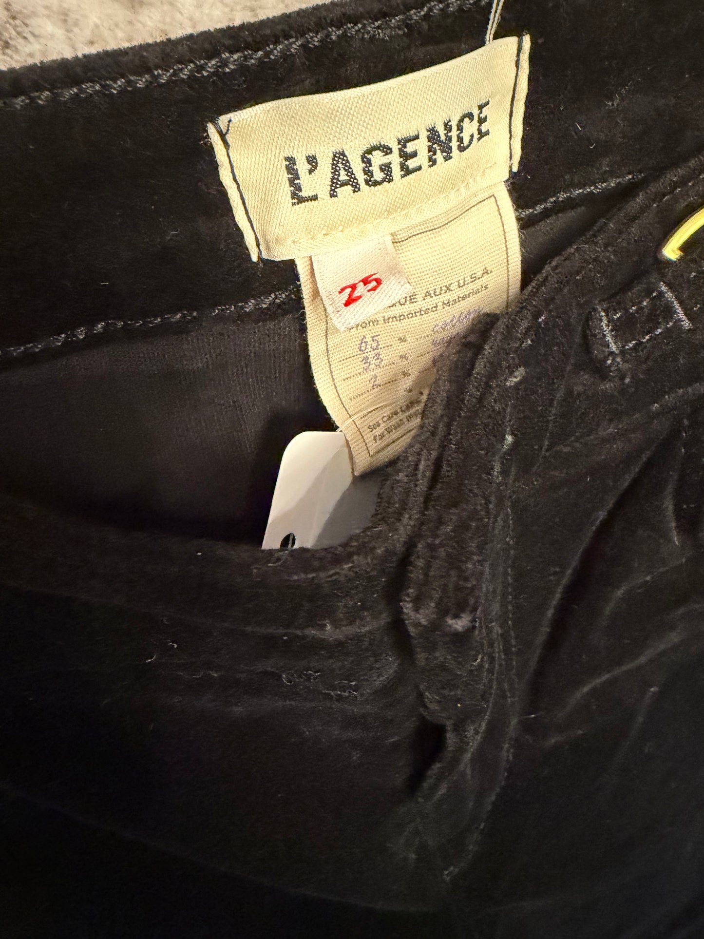 L’Agence Black Velvet Denim With Gold Waist Embellishment, Size 25
