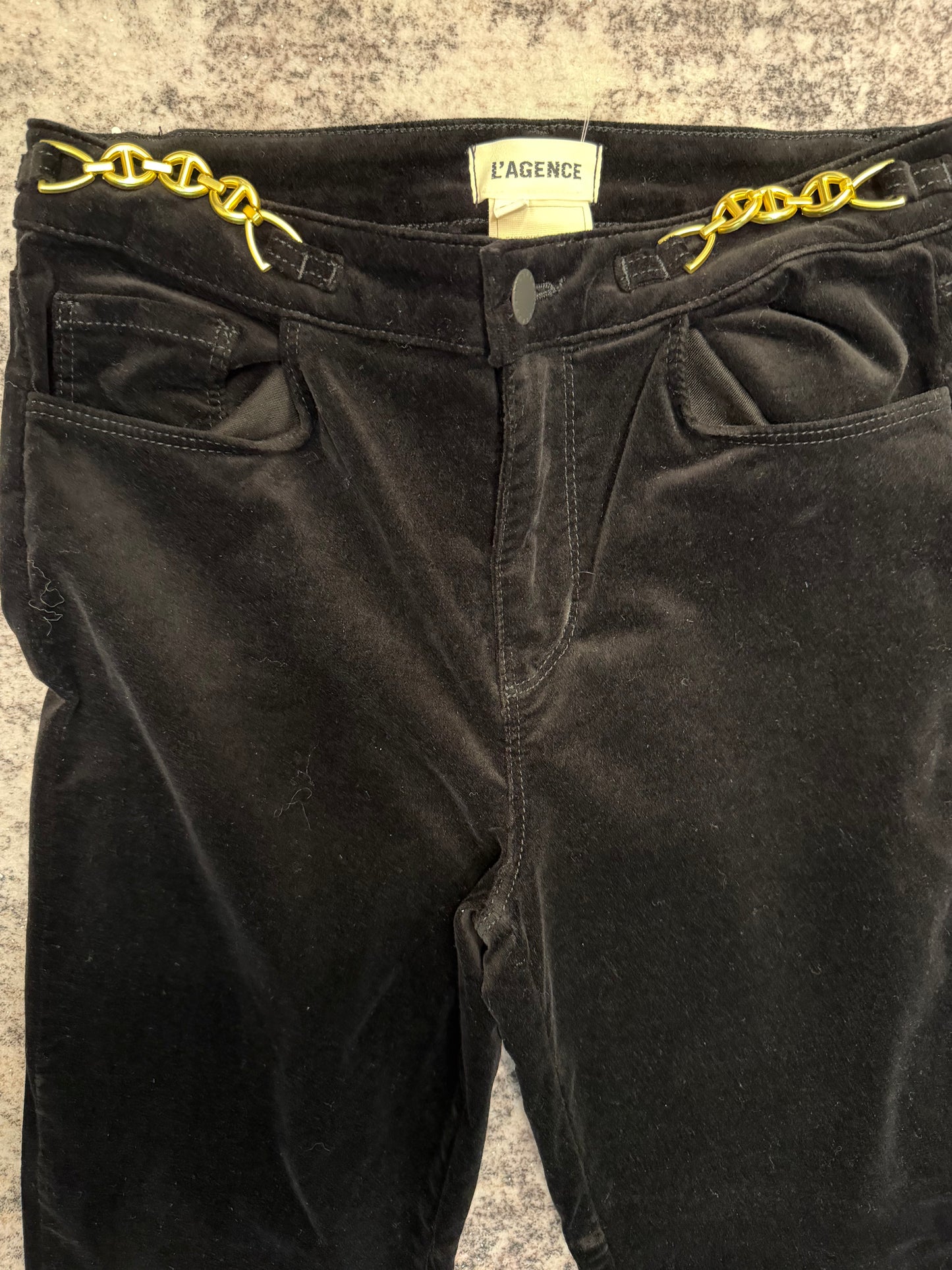 L’Agence Black Velvet Denim With Gold Waist Embellishment, Size 25