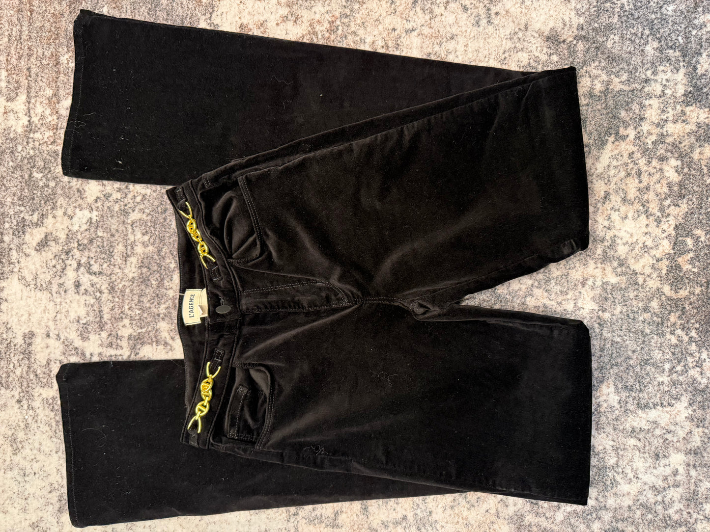 L’Agence Black Velvet Denim With Gold Waist Embellishment, Size 25