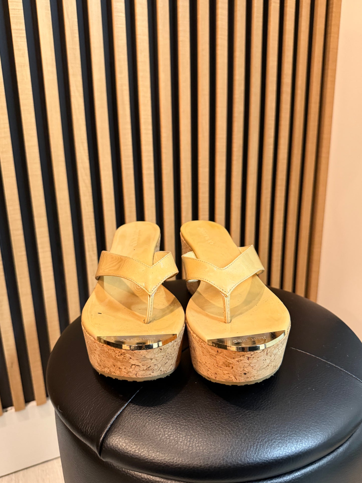 Jimmy Choo Yellow/Brown Thong Wedge Sandal, Size 38.5