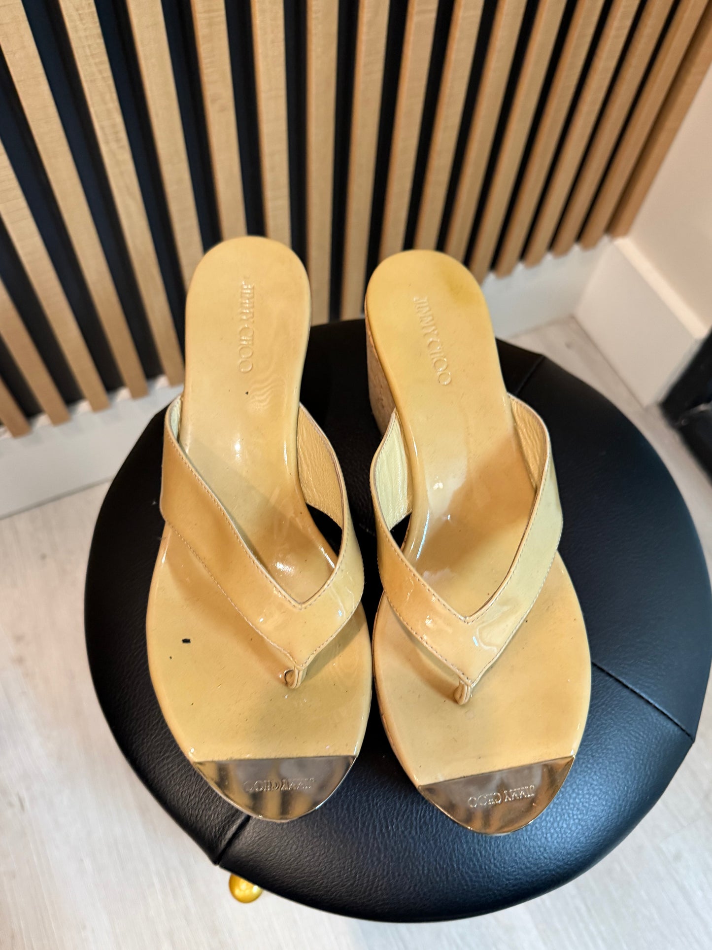 Jimmy Choo Yellow/Brown Thong Wedge Sandal, Size 38.5