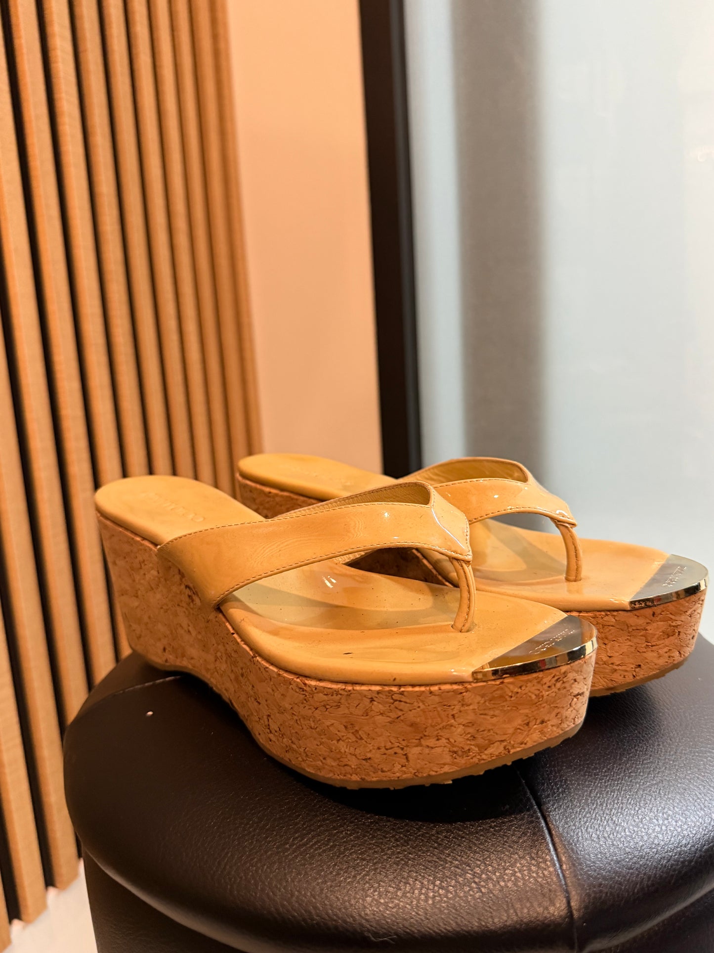 Jimmy Choo Yellow/Brown Thong Wedge Sandal, Size 38.5