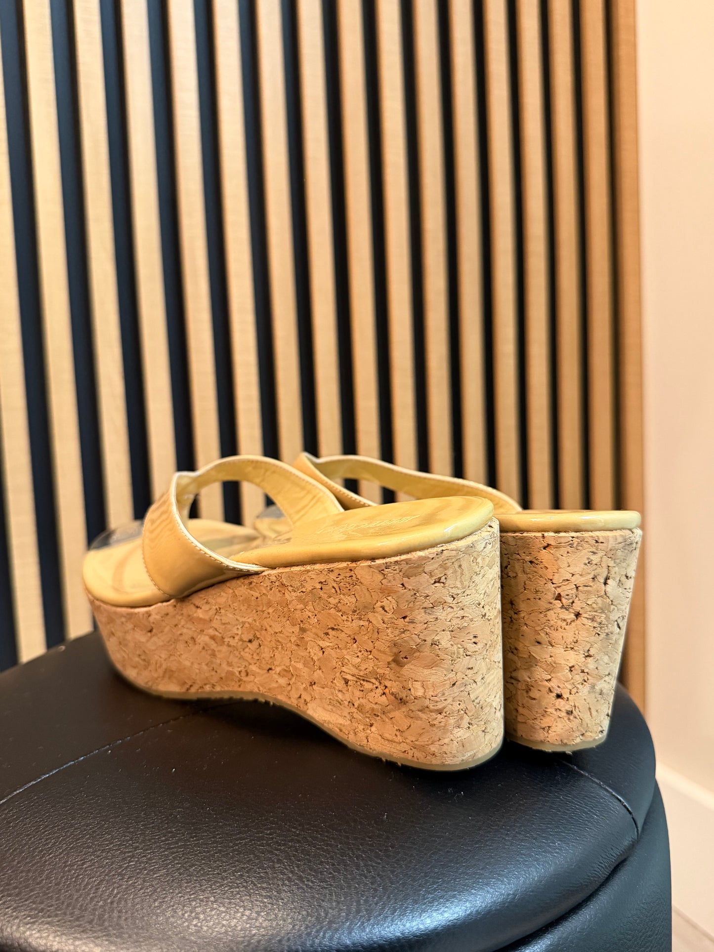 Jimmy Choo Yellow/Brown Thong Wedge Sandal, Size 38.5