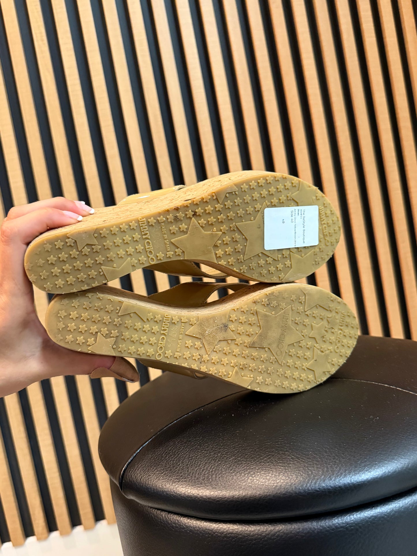 Jimmy Choo Yellow/Brown Thong Wedge Sandal, Size 38.5