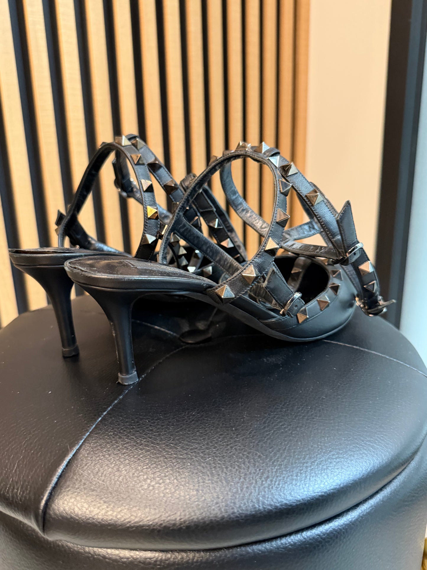 Valentino Rockstud Black Leather, Caged Pumps, Size 38.5