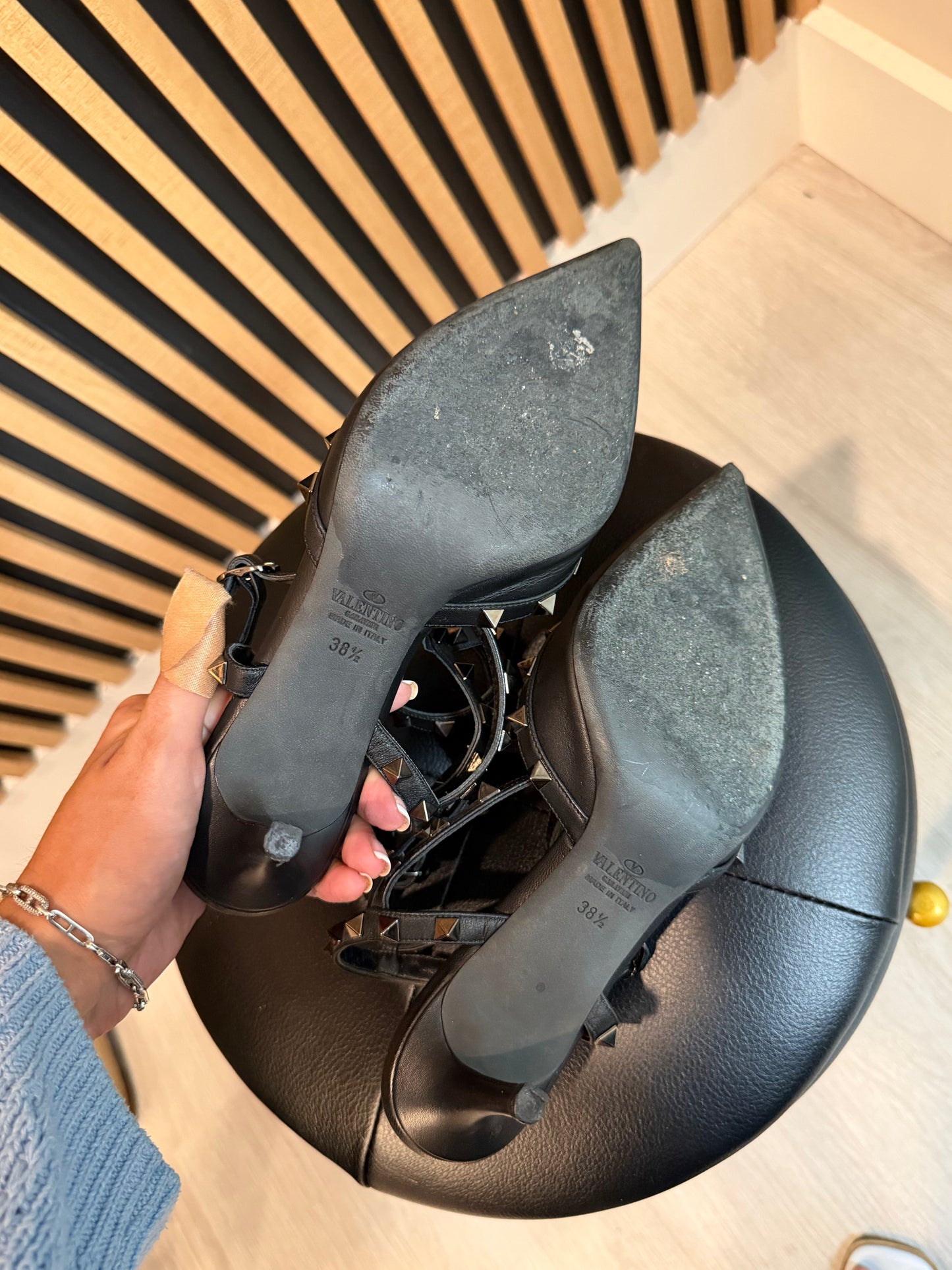 Valentino Rockstud Black Leather, Caged Pumps, Size 38.5