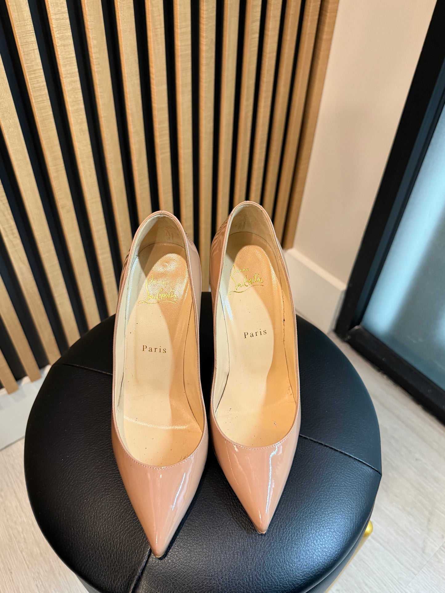 Christian Louboutin Nude Patent Pointed Pumps, Size 38